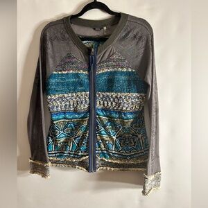 KAKTUS FULL ZIP CARDIGAN SHEER MESH ARTSY BOHO FAIRY GREY/BLUE MULTI COLORED MED